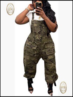 Women's Casual Camo Jumpsuit Cargo Demin Plus Size Sleeveless Wide Leg